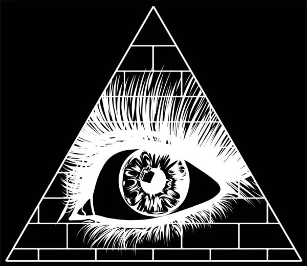 Oko prozřetelnosti. Všichni vidí oko v trojúhelníku na vrcholu pyramidy zednářského symbolu. — Stockový vektor