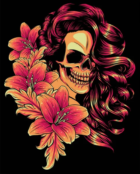 Vector ilustración de la mujer Calavera con flor Lily — Vector de stock