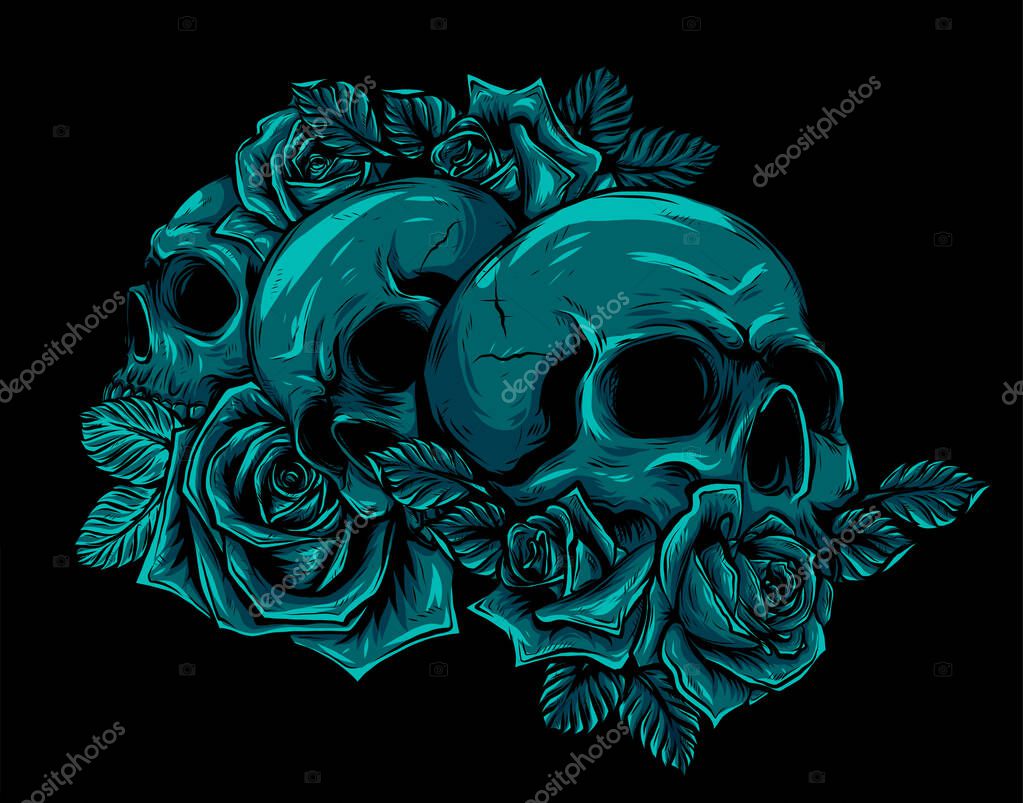 Human skulls, bouquet of flowers vector