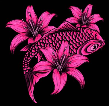 Siyah arkaplan vektöründe çiçekli koi balığı