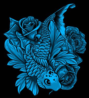 Siyah arkaplan vektöründe çiçekli koi balığı