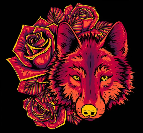 Wolf met rozen kunstwerk illustratie vector kunst — Stockvector