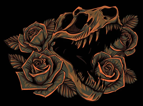 Ilustración tiranosaurio rex y rosas marco. Diseño de tatuaje. — Vector de stock