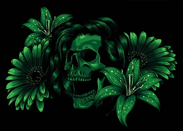 Illustration Crâne humain avec fleur sur fond noir — Image vectorielle