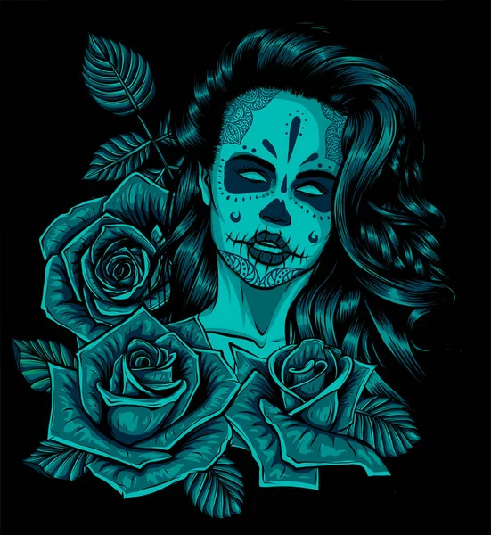 Vrouw schedel met rozen vector illustratie kunst — Stockvector