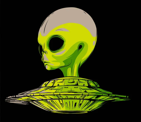 Alien está sentado em um disco voador.Mão desenhado style.Space vetor científico —  Vetores de Stock