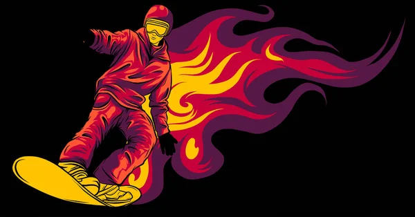 Corvo de snowboarder na arte da ilustração do vetor de fogo —  Vetores de Stock