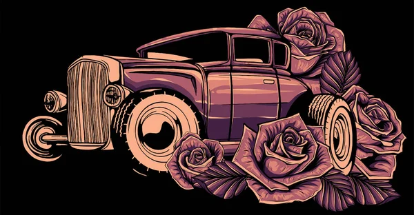 Old school car with decorative roses in classic style. — Stock Vector