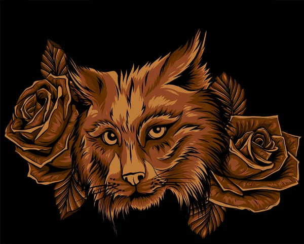 Illustration vectorielle du visage de lynx aux roses. — Image vectorielle