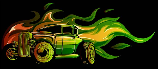 Vintage coche caliente varilla con llamas vector — Vector de stock