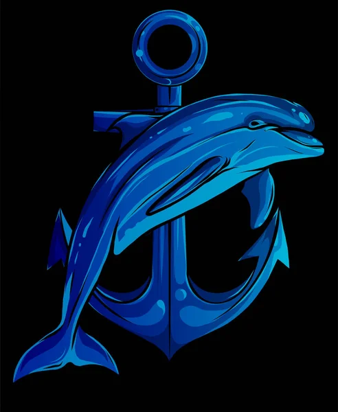 Delfino intorno a un vettore di ancoraggio disegno illustrazione — Vettoriale Stock