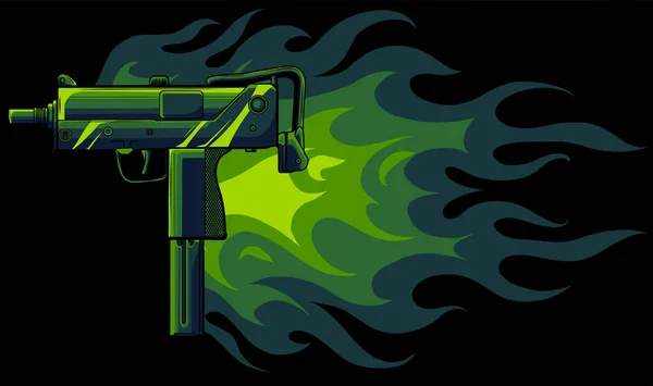 Illustration vectorielle d'un pistolet uzi avec flammes — Image vectorielle