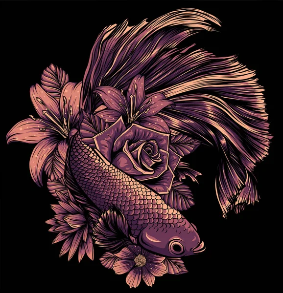 Ryby betta nádhera s květinami vektorové ilustrace — Stockový vektor