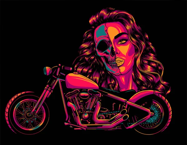 Векторная иллюстрация винтажного мотоцикла с женским лицом — стоковый вектор