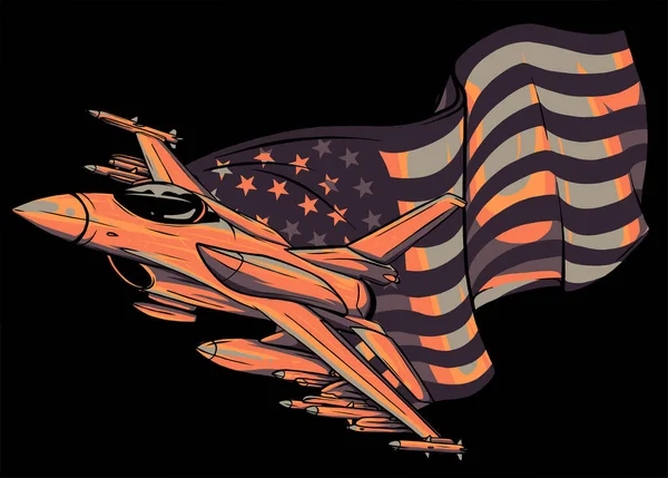 アメリカの旗を持った軍用戦闘機。ベクターイラスト — ストックベクタ