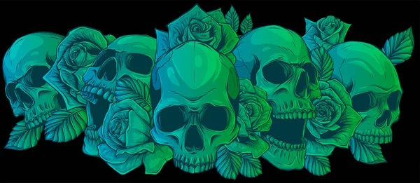 Calaveras de ilustración vectorial con rosas sobre fondo negro — Vector de stock