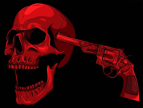 Crânio de perigo colorido com ilustração vetorial de revólver —  Vetores de Stock