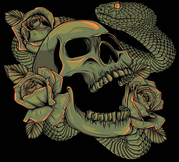 Cráneo con rosas e ilustración de vector de serpiente — Vector de stock