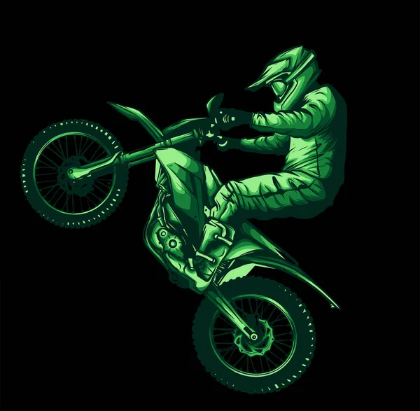 Motocross salto sobre fondo negro, ilustración vectorial — Vector de stock