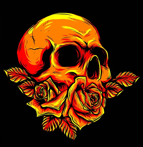 イラスト黒い背景にバラのある人間の頭蓋骨 — ストックベクタ