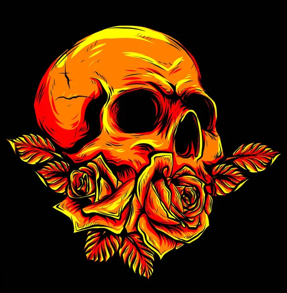 Illust Calavera humana con rosas sobre fondo negro — Vector de stock