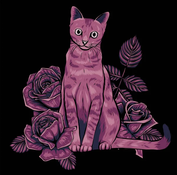 黒の背景ベクトルのイラストの猫とバラ — ストックベクタ