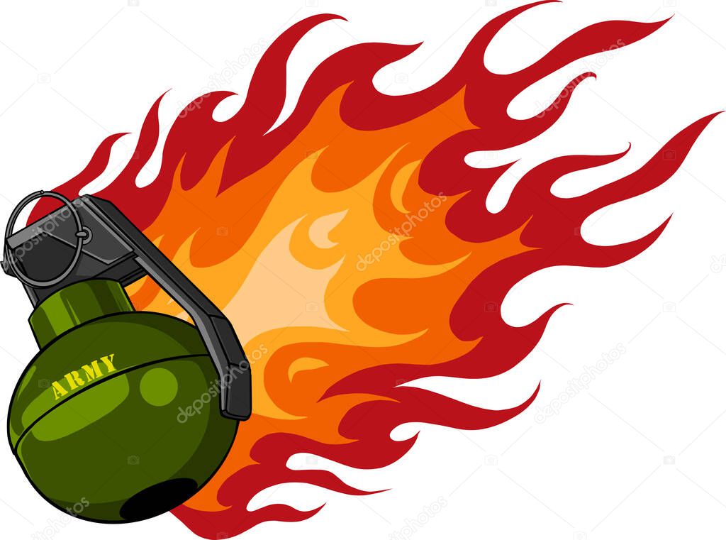 Vector illustration of green Grenade with flames Vector illustration