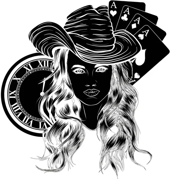 Illustration vectorielle de Cowgirl avec des as de poker et horloge — Image vectorielle