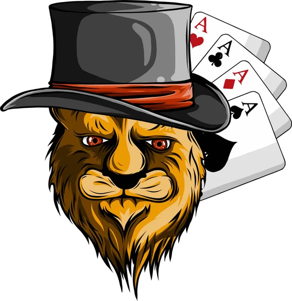 Portrait de lion en chapeau de melon et as de poker — Image vectorielle