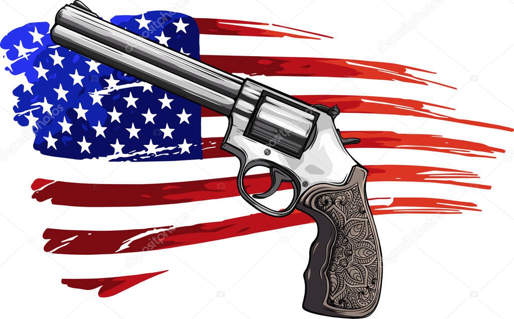 Big Revolver with USA flag. Vector Illustration isolated on white background.