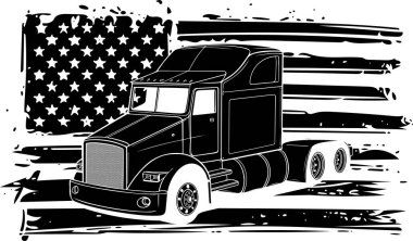 Amerikan bayrağı taşıyan siyah kamyon silueti, vektör illüstrasyon tasarımı