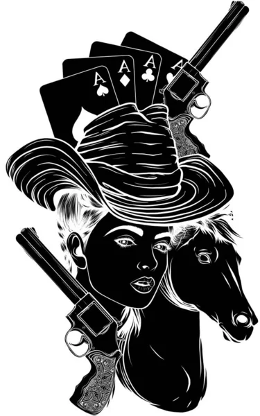 Cow-boy silhouette noire avec cheval et fusils — Image vectorielle