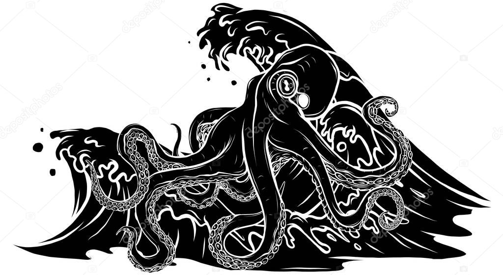 vector illustration of silhouette octopus in waves.