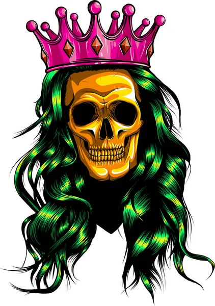 Female skull with a crown and long hair. Queen of death drawn in tattoo style. Vector illustration. — Stock Vector