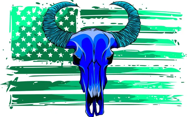 Bandeira americana de crânio de touro. Buffalo cabeça vetor ilustração — Vetor de Stock