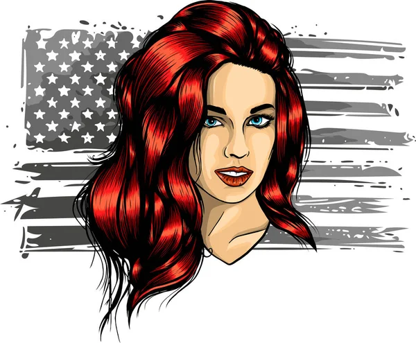 USA Independence Day. Belle femme avec drapeau américain. — Image vectorielle