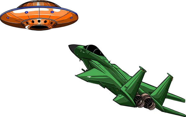 フラットスタイルのベクトルイラスト。UFOの戦い対ジェット — ストックベクタ
