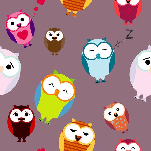 Seamless texture with cartoons owls. Background.