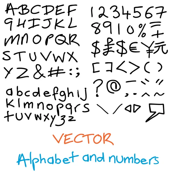 Handwritten alphabet  with numbers and characters — Stock Vector