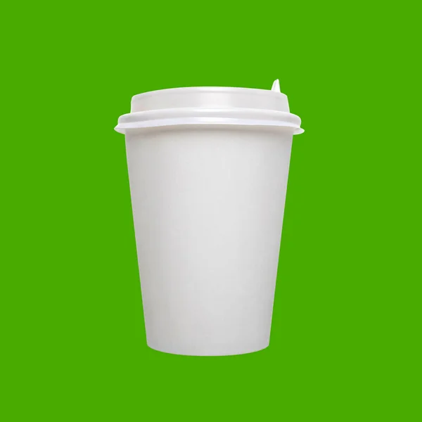 White paper coffee disposable cup with plastic lid isolated on bright green background. Concept for mockup and template with copy space and brand.