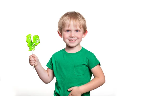 Chlapec Dítě Roky Zeleném Tričku Drží Lízátko Péro Tyčce Dítě — Stock fotografie