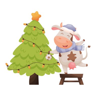 Şirin çizgi film karakteri çam ağacına süs topu asıyor. Zodyak öküzü ineğinin Çin Yeni Yılı. Vektör illüstrasyonu.