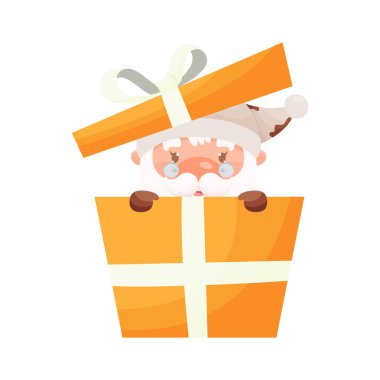 Kocaman bir hediye kutusunun içinde, kostümü inek desenli olan sevimli bir Noel Baba karakteri. Zodyak öküzü ineğinin Çin 'deki yeni yılı için. Vektör illüstrasyonu.