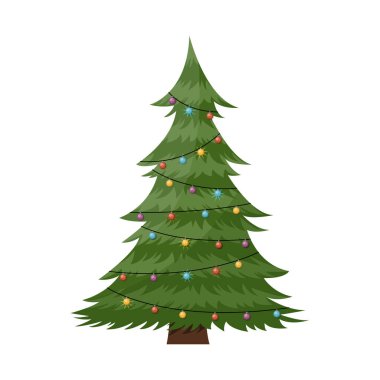Çizgi film süslenmiş Noel ağacı çamı. Vektör illüstrasyonu.