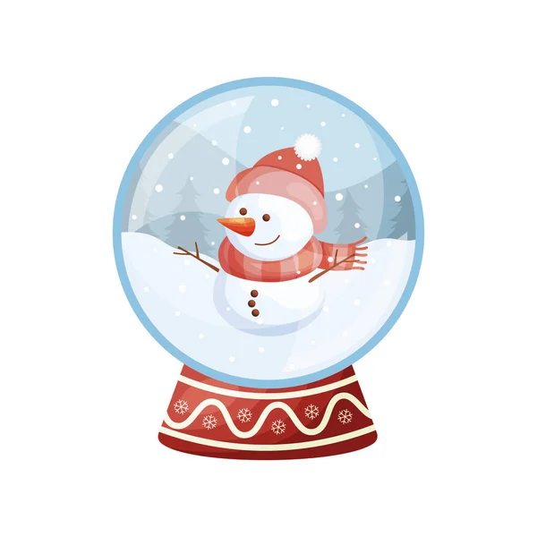 Cartoon Weihnachten Schneekugel Mit Niedlichen Schneemannfigur Inneren Vektorillustration — Stockvektor