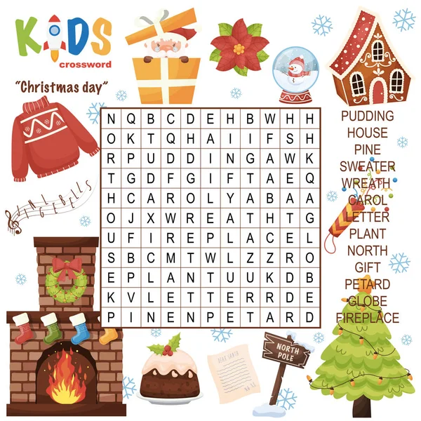 簡単な単語検索クロスワードパズル クリスマスの日 小学校 小学校 中学校の子供たちのために 言語理解を練習し 語彙を拡大する楽しい方法 答えが含まれる — ストックベクタ