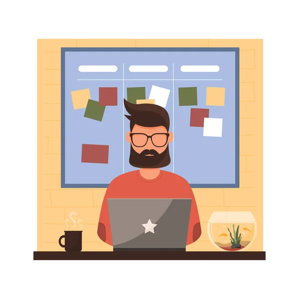 Hombre Trabajando Remotamente Desde Casa Ilustración Vectorial — Vector de stock