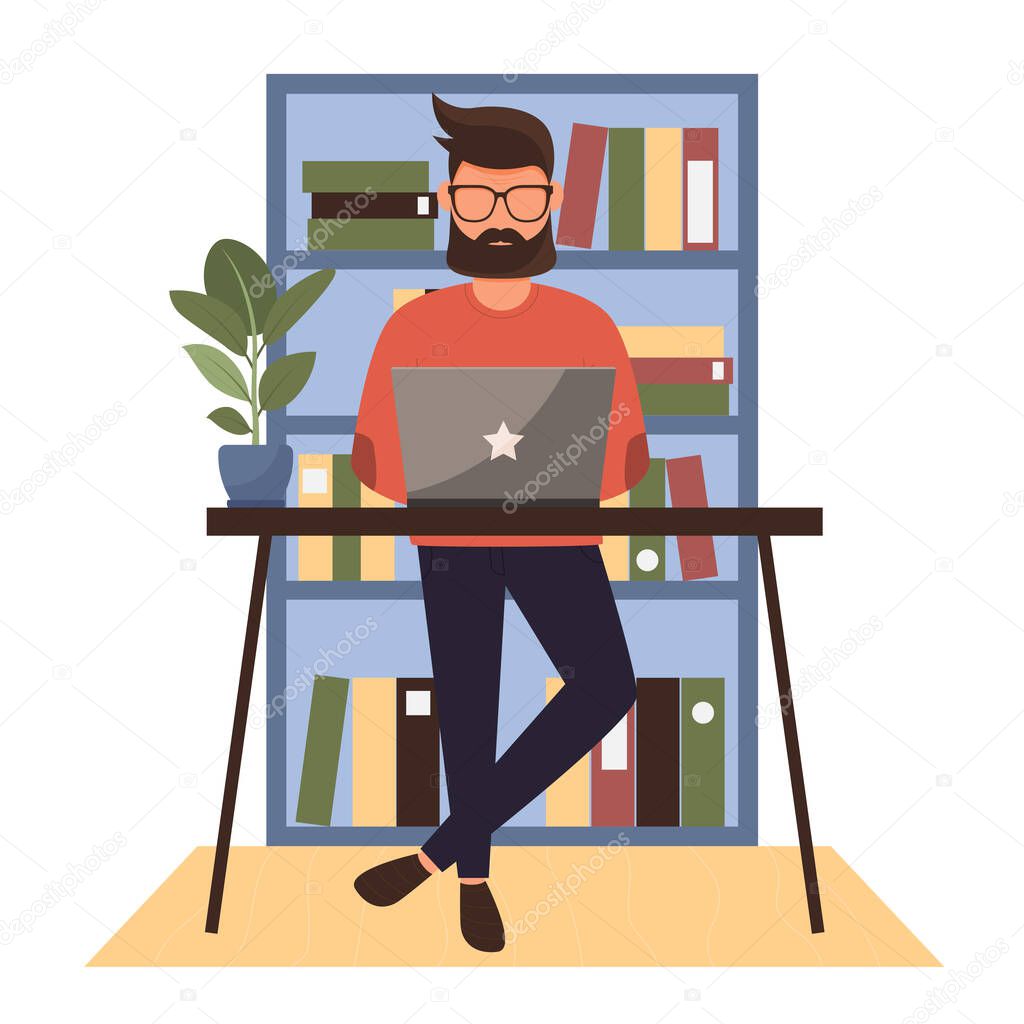 Man working remotely from home. Man standing by the table. Vector illustration.