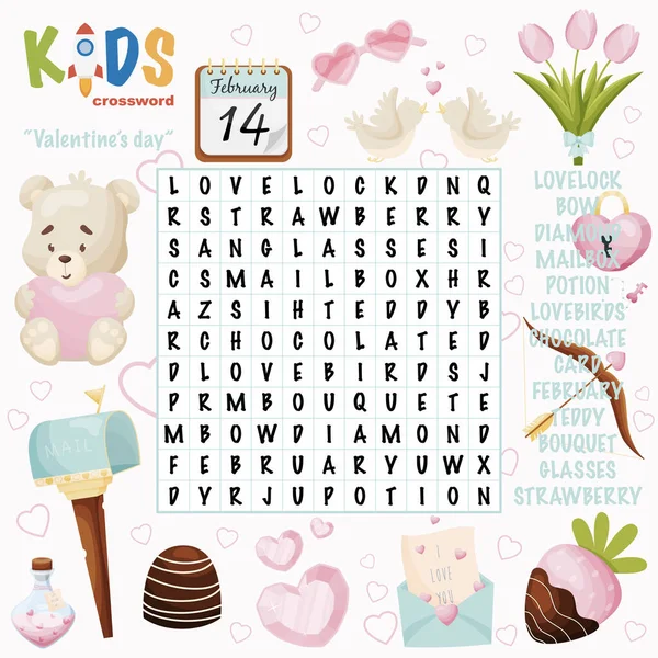 Easy Word Search Crossword Puzzle Valentine Day Children Elementary Primary — Stock Vector