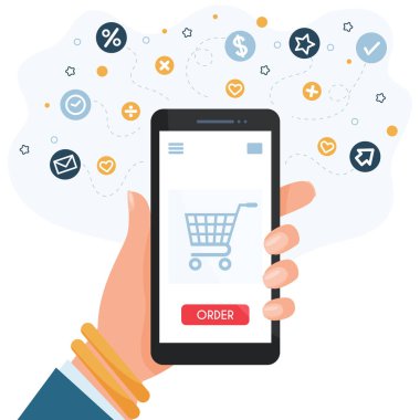 Akıllı telefonu tutan kadın. İnternetten alışveriş. vektör illüstrasyonu